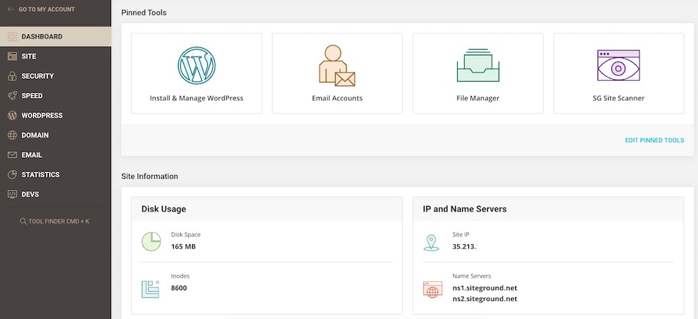 SiteGround dashboard