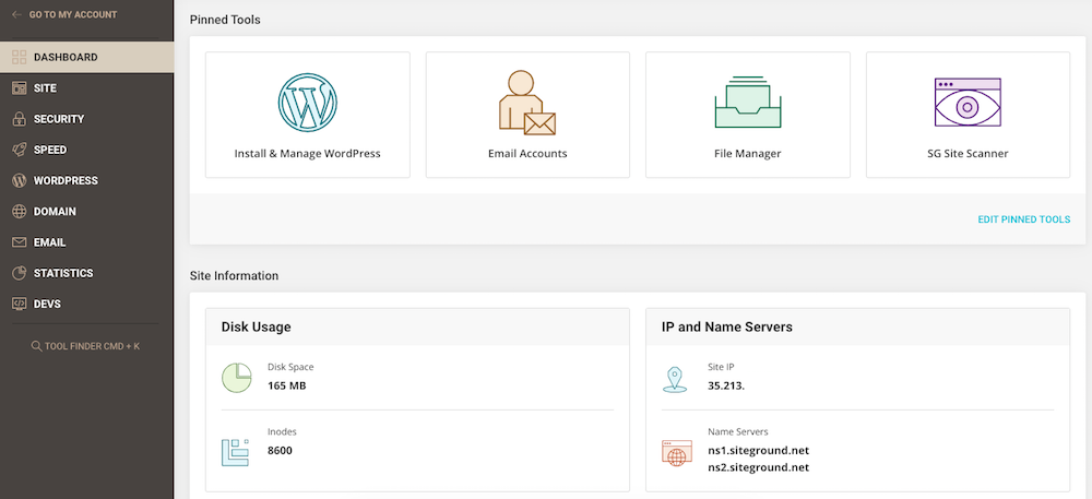 SiteGround dashboard