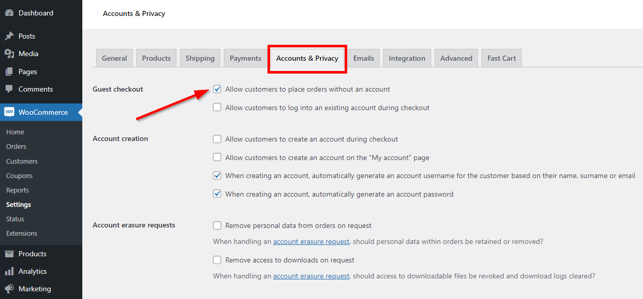 enable guest checkout in woocommerce