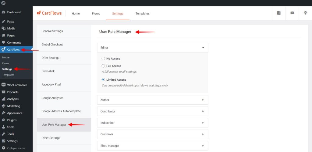 CartFlows user role management